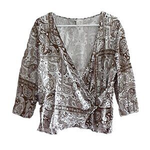 Cato Blouse XL Pullover Brown/White V-Neck 3/4 Sleeve Lightweight Rayon Crop